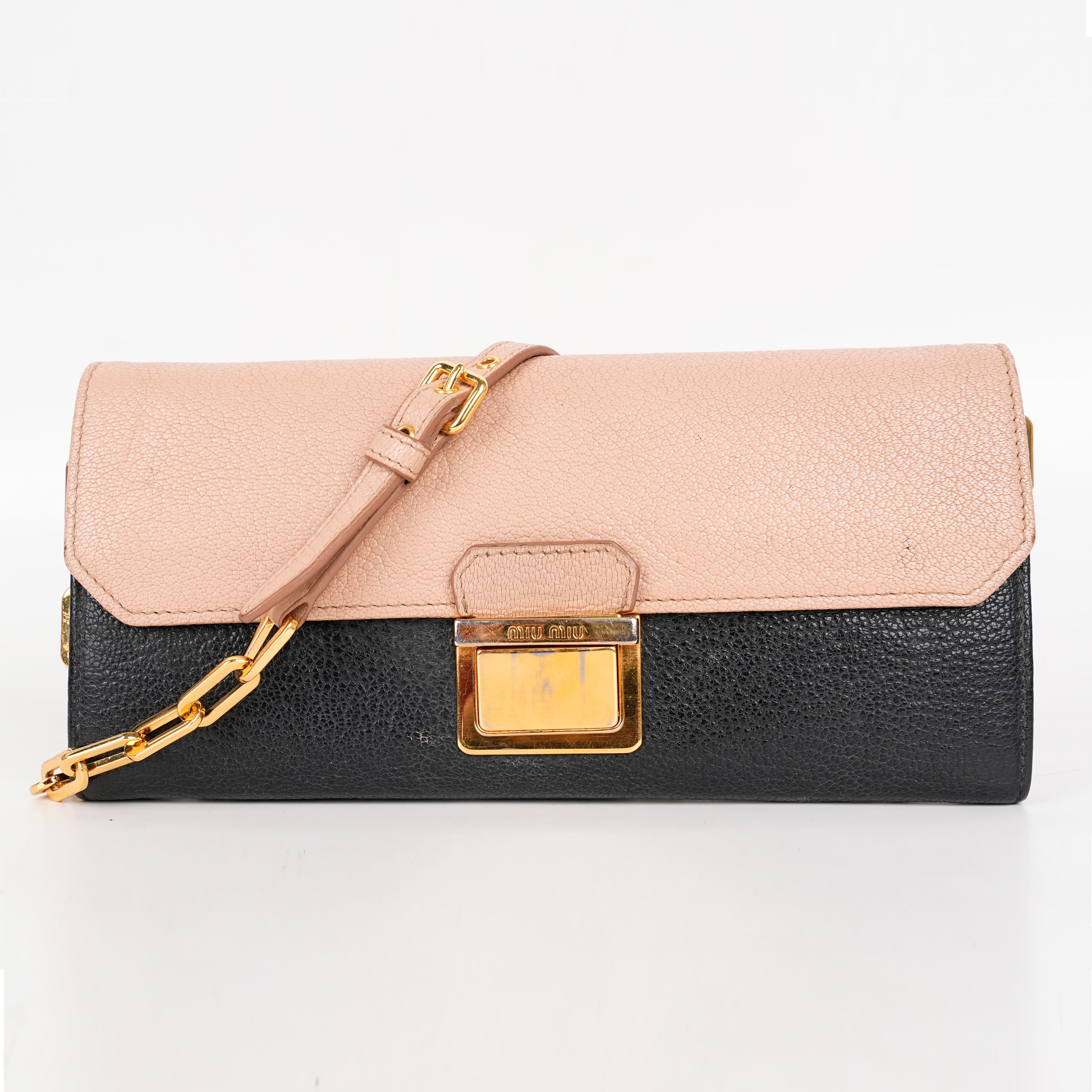 Miu Miu Two-Tone Beige And Black Leather Pushlock Flap Wallet On A Chain