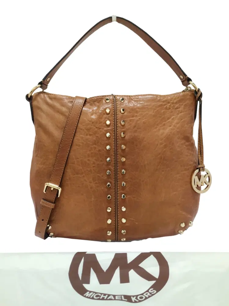 Michael Kors Astor Studded Medium Whiskey Leather Hobo Bag-Hover-Image