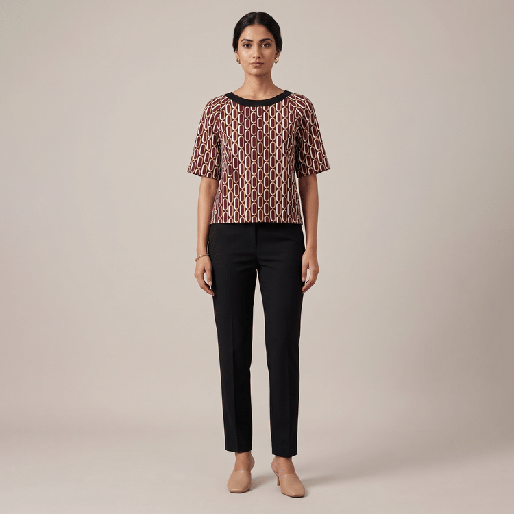 Michael Kors Reyes Short Sleeve Blouse Top Geometric Burgundy Black White-Hover-Image