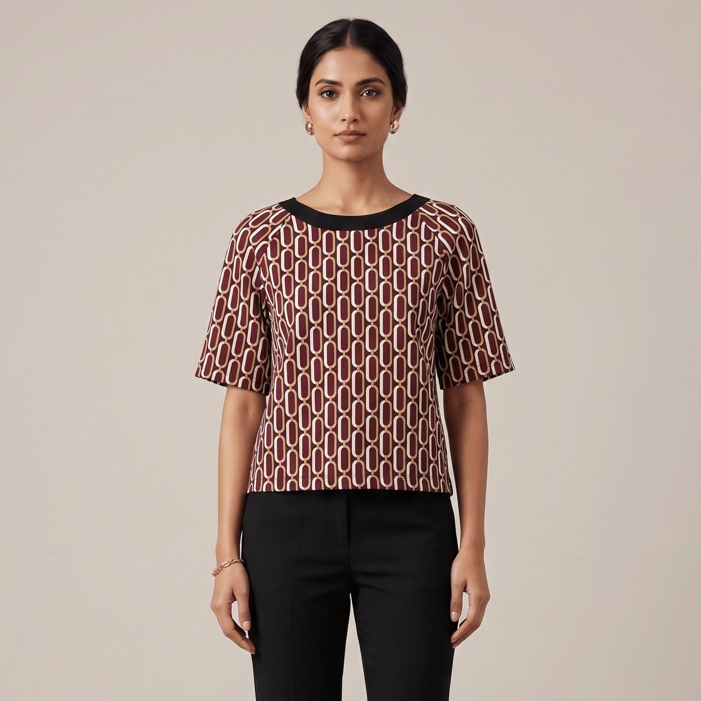 Michael Kors Reyes Short Sleeve Blouse Top Geometric Burgundy Black White