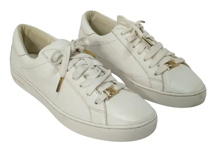 Size 38.5 - Michael Kors Womens Leather Sneakers Gold Glitter White Lace Up Shoes-Hover-Image