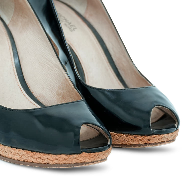 Size US 6 - Michael Kors Black Patent Leather Peep Toe Cork Wedge Pumps-Hover-Image