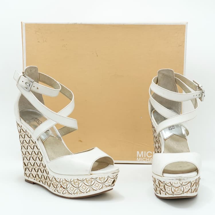 Size 6 - Michael Kors Gabriella platform wedge sandals in optic white leather-Hover-Image
