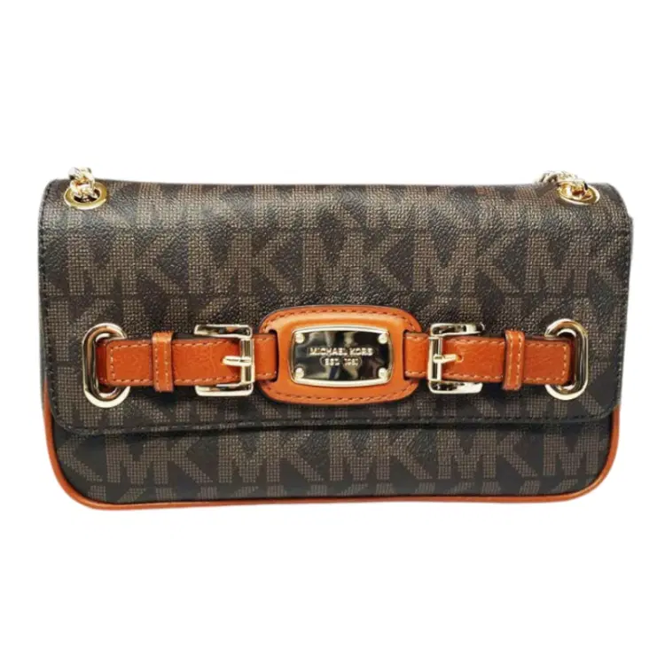 Michael Kors Hamilton MK Signature Brown/Gold PVC Small Flap Shoulder Bag-Hover-Image