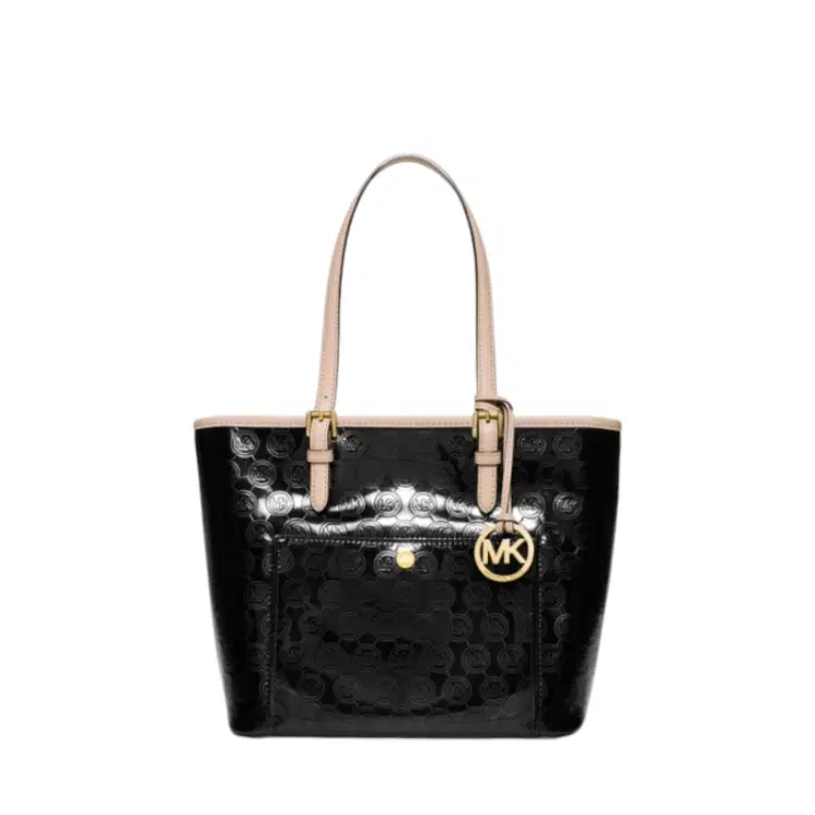 MICHAEL Michael Kors Jet Set Travel Medium Metallic Leather Tote in Nickel-Hover-Image
