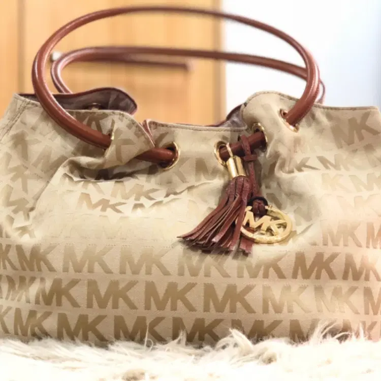 Michael Kors Ring Shoulder In Brown Beige Jacquard Tote-Hover-Image