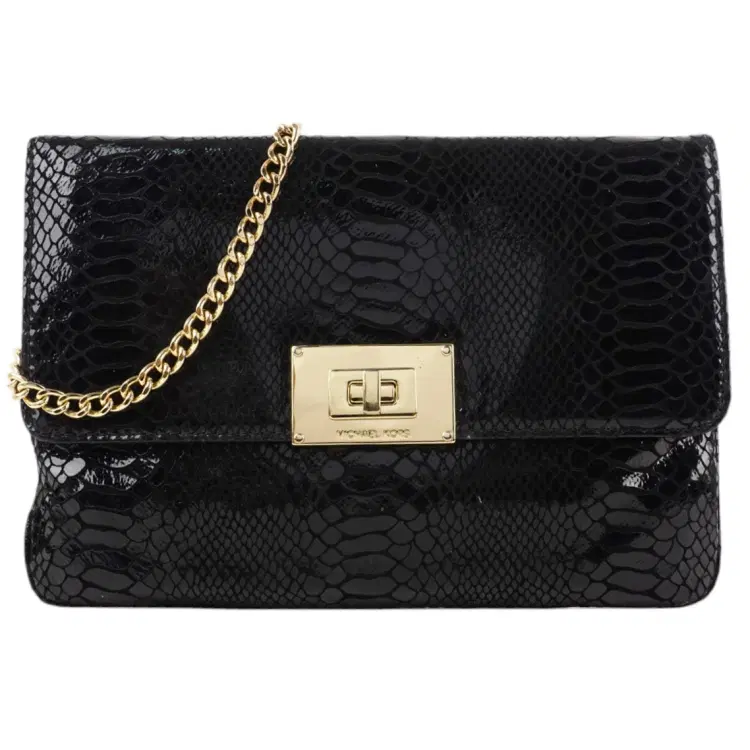 Michael Kors Black Python Embossed Leather Turnlock Slim Chain Bag-Hover-Image