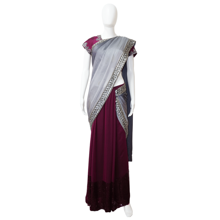 Manish Malhotra Grey Saree With Magenta Blouse-Hover-Image