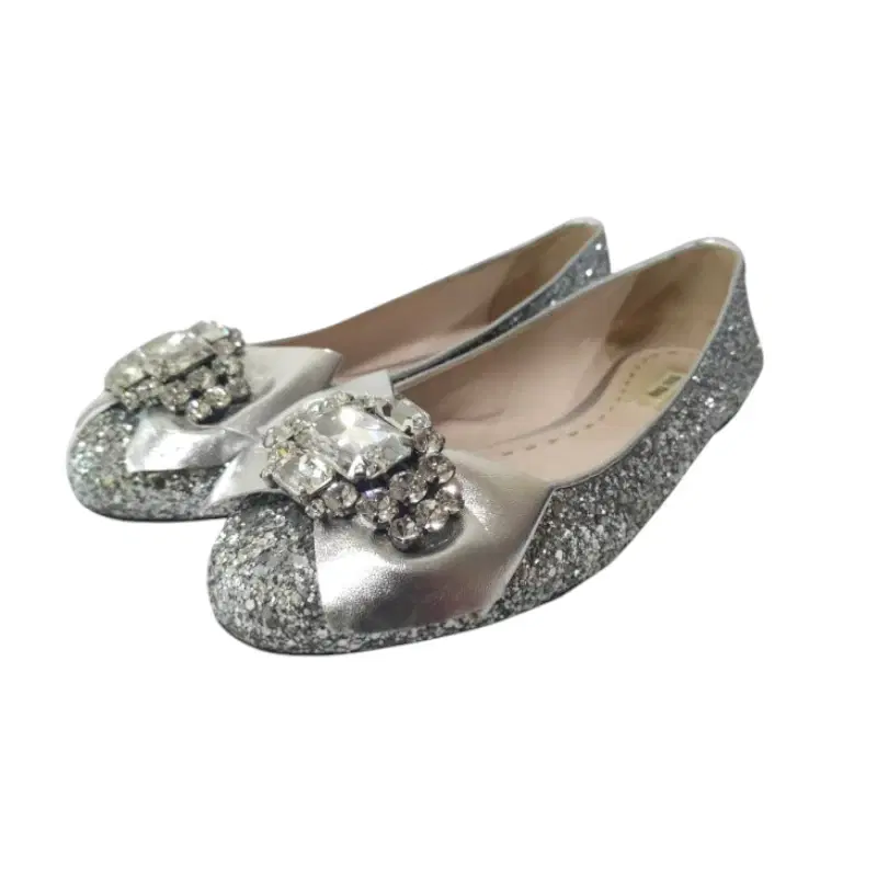 Miu Miu Silver Crystal Bow Glitter Ballerina Flat