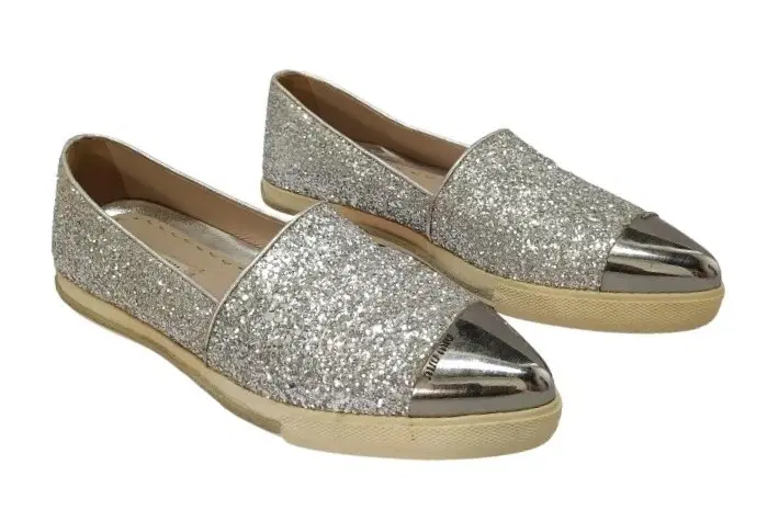 Size 38 - Miu Miu Silver Glitter Logo Metal Cap Toe Sneakers-Hover-Image