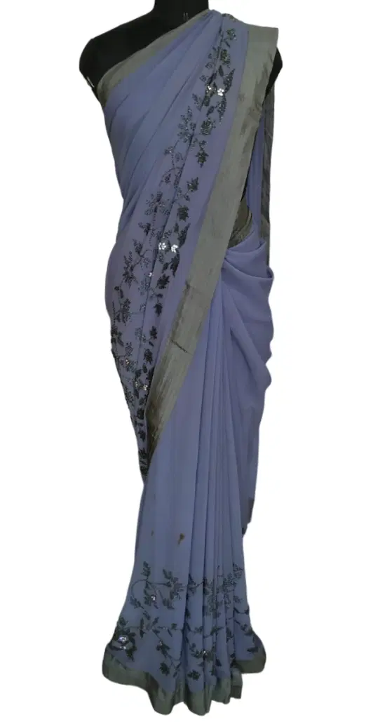Monica And Karishma Jade Purple Saree With Grey Blouse-Hover-Image