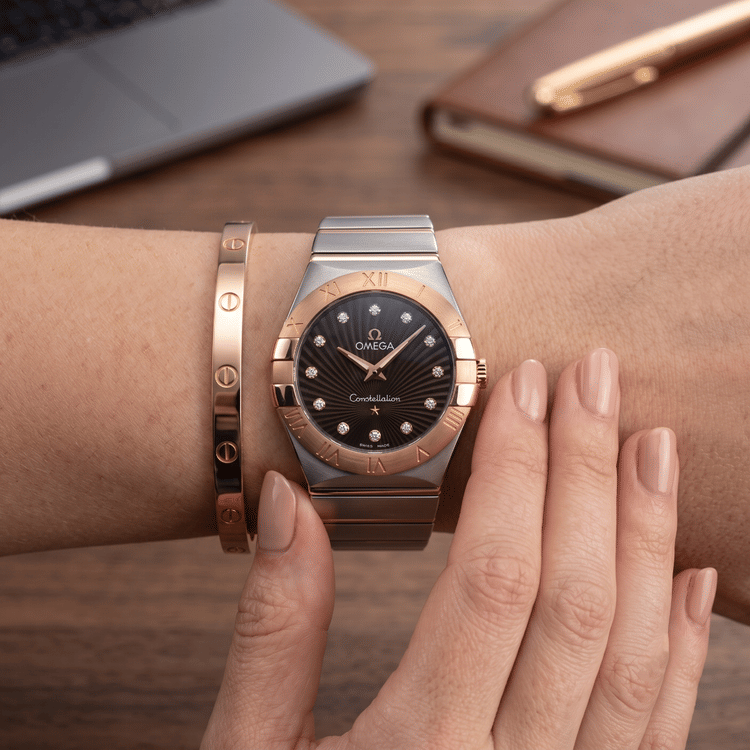 Omega Constellation 27 MM Brown Diamonds Dial Rose Gold and Steel Quartz Full Set Watch Ref No. 123.20.27.60.63.002-Hover-Image