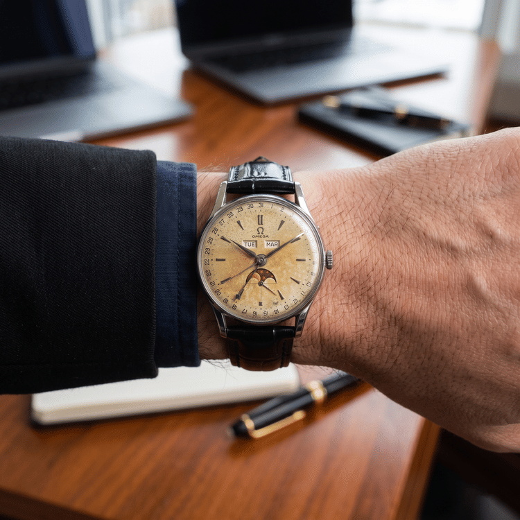 Omega Moon Phase 34 MM Triple Calendar Stainless Steel Manual Winding Watch Ref. No 2471/1-Hover-Image
