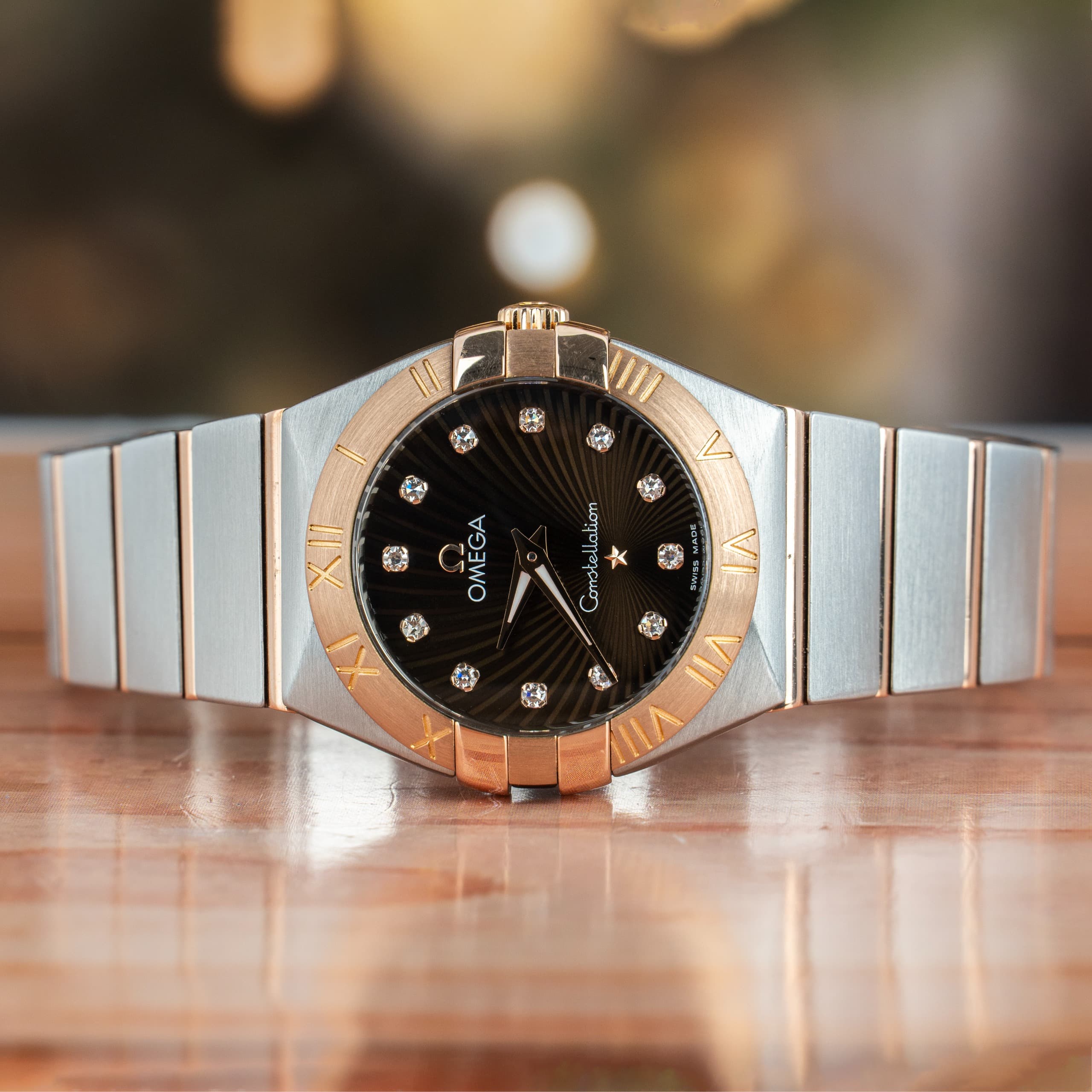 Omega Constellation 27 MM Brown Diamonds Dial Rose Gold and Steel Quartz Full Set Watch Ref No. 123.20.27.60.63.002