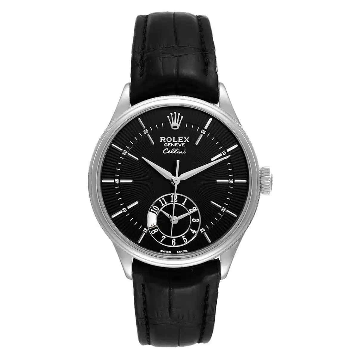 Rolex Cellini 50529 Black Dial Leather Strap Dual Time 39mm Mens Watch