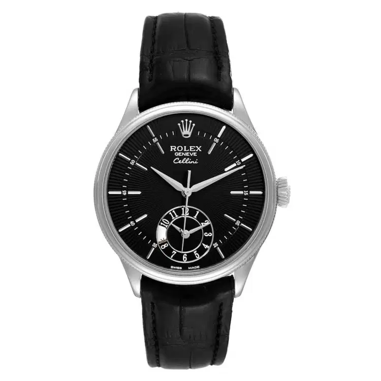 Rolex Cellini 50529 Black Dial Leather Strap Dual Time 39mm Mens Watch-Hover-Image