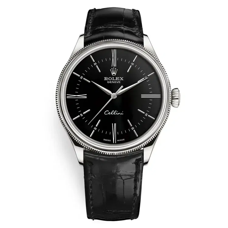 Rolex Cellini 50509 Black Dial Leather Strap Time 39mm Mens Watch-Hover-Image