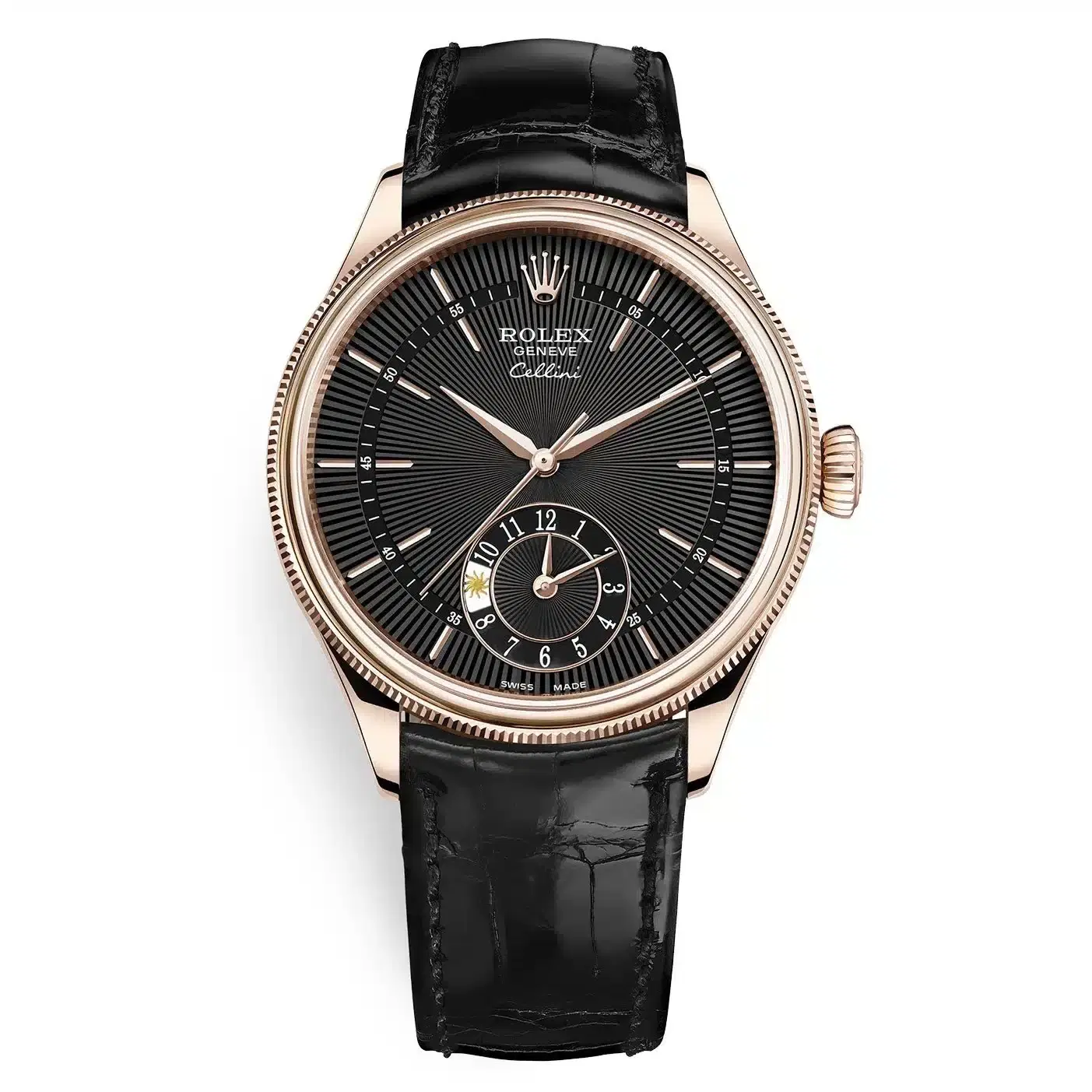Rolex Cellini 50525 Black Dial Leather Strap Dual Time 39mm Watch