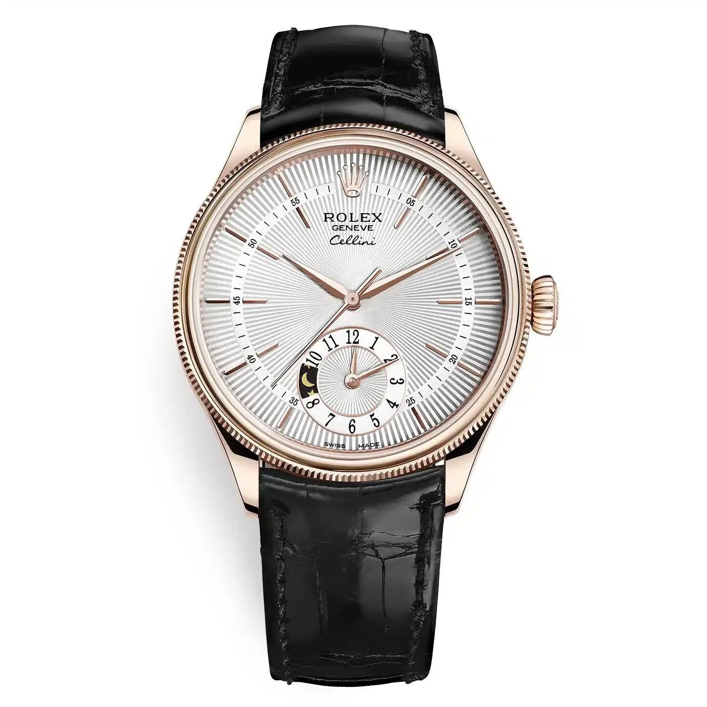 Rolex Cellini 50525 Silver Dial Leather Strap Dual Time 39mm Men's Watch