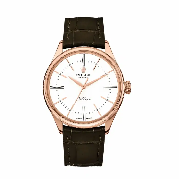 Rolex Cellini 50505 White Dial Brown Leather Strap Time 39mm Men's Watch-Hover-Image