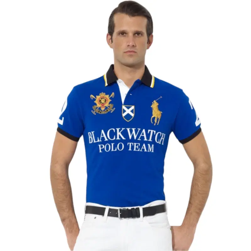 Polo Ralph Lauren Men Crested Griffin Big Pony BLACK WATCH Sport Polo W Contrast Striped-Edging Collar Racing Royal