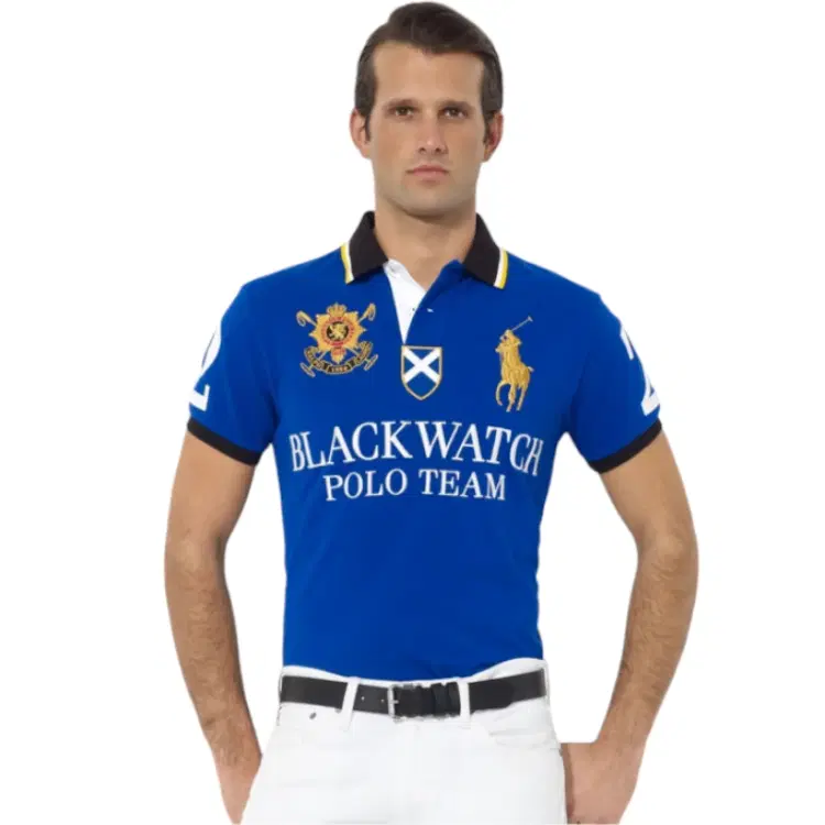 Polo Ralph Lauren Men Crested Griffin Big Pony BLACK WATCH Sport Polo W Contrast Striped-Edging Collar Racing Royal-Hover-Image