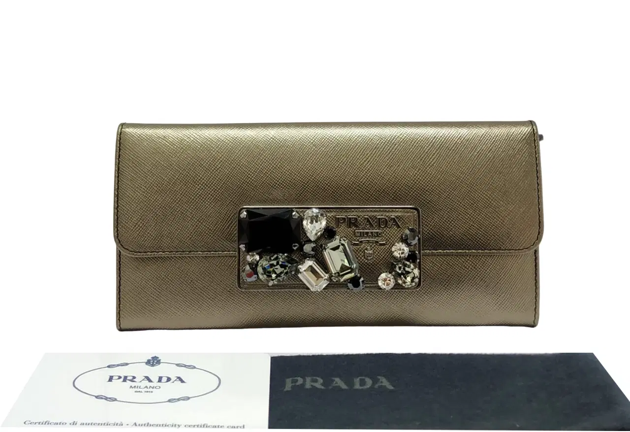 Prada Saffiano Lux Leather Crystal Embellishment Continental Wallet