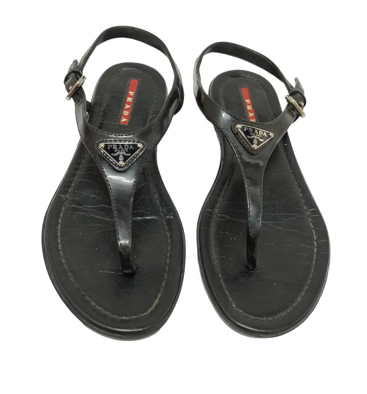 Size 35.5 - Prada Patent Leather Logo Sandals