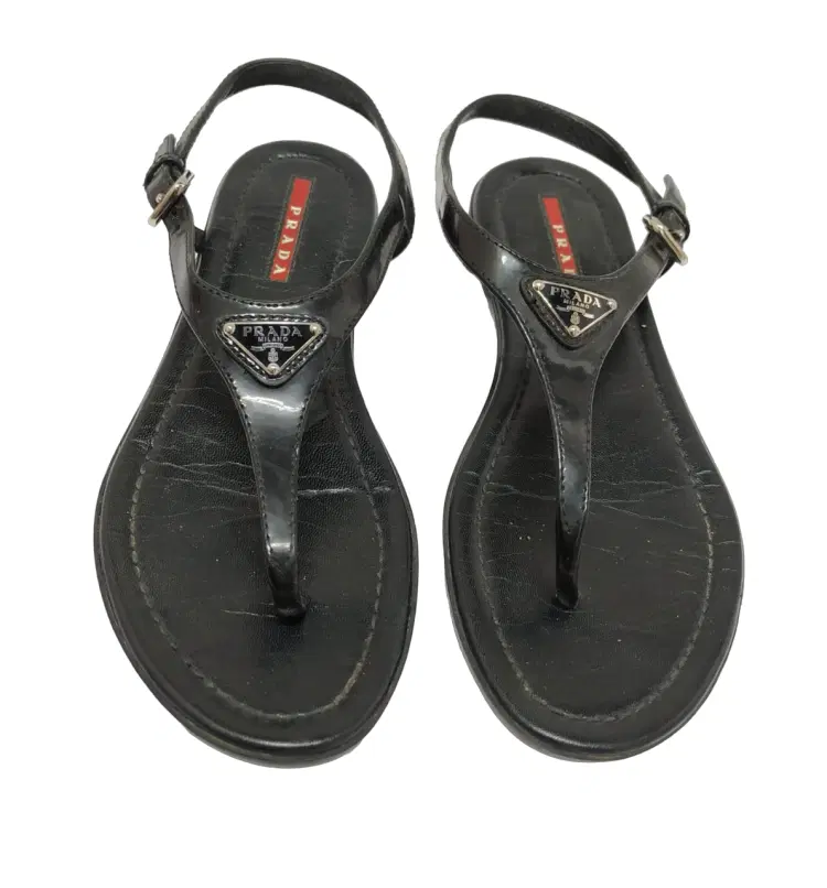 Size 35.5 - Prada Patent Leather Logo Sandals-Hover-Image