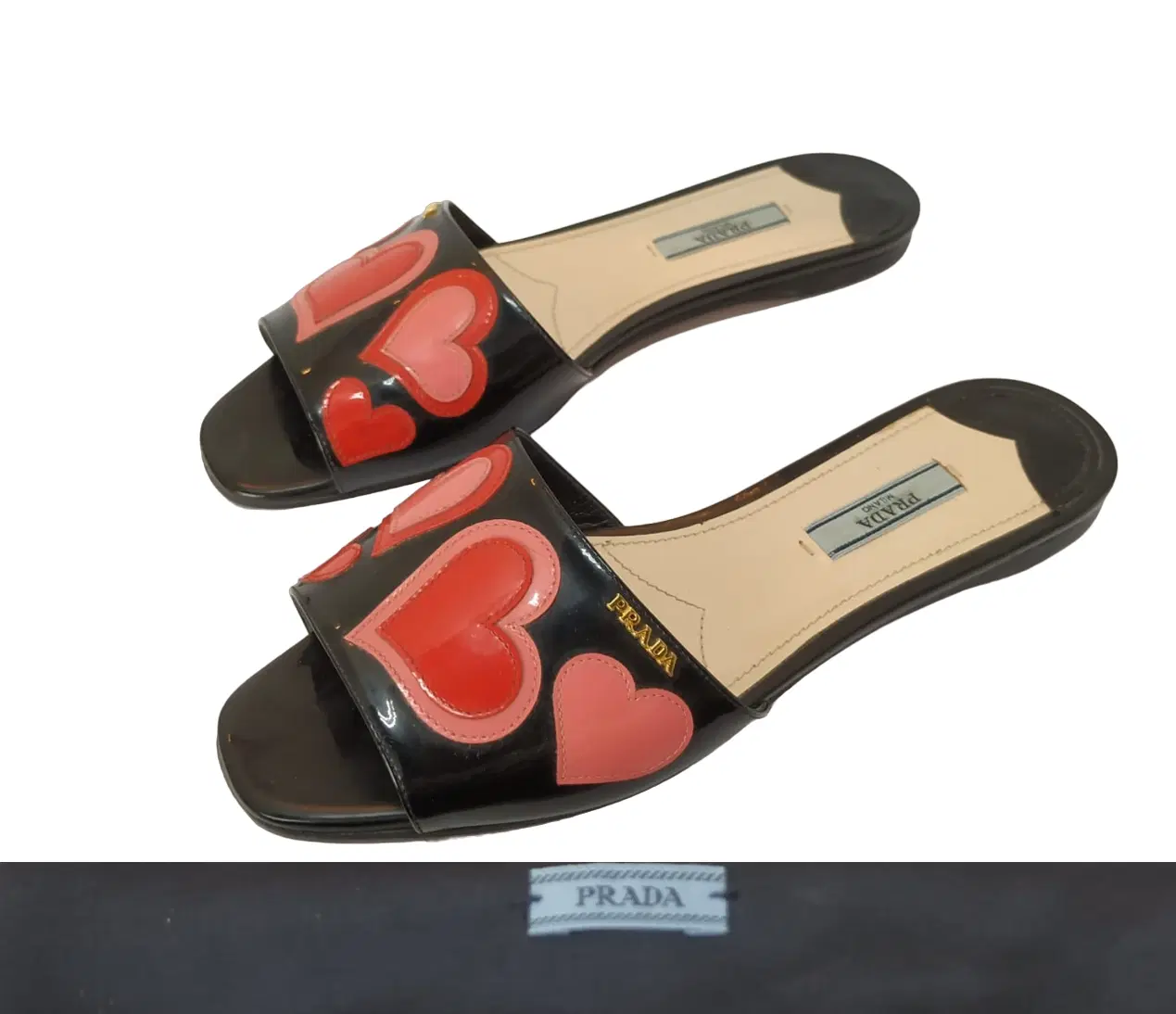 Size 38 - Prada Heart Motif Patent Leather Flat Slide Sandals