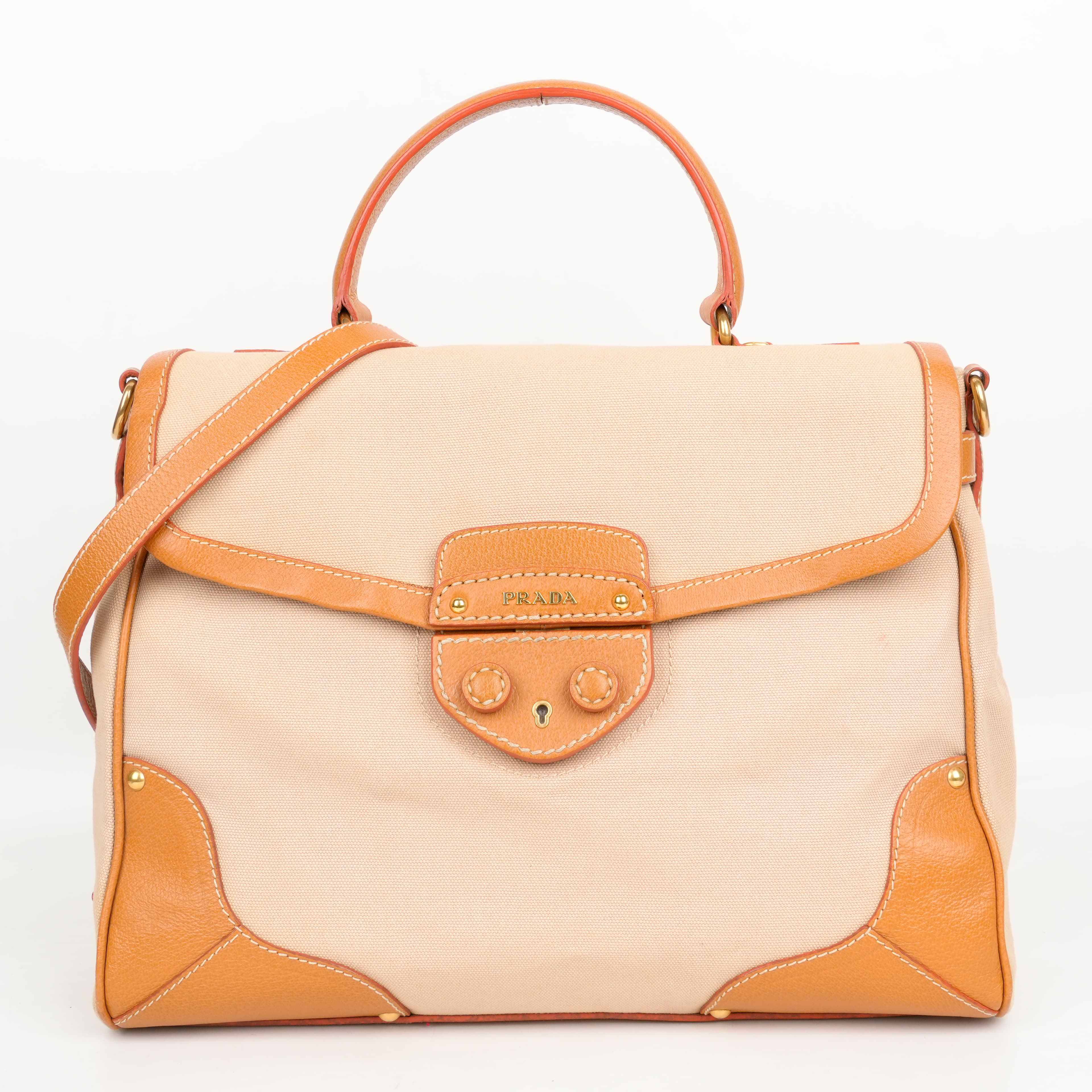 Prada Beige/Tan Canvas and Cinghiale Leather Top Handle Bag