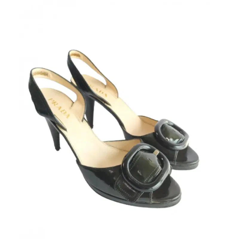 Prada Black Buckle Patent Leather Sling-Back Heels