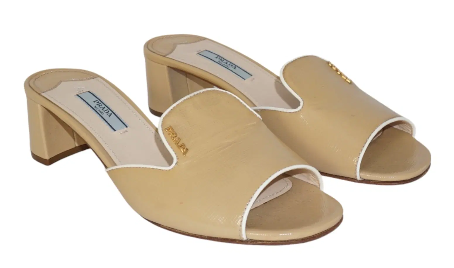 Size 38 - Prada Beige Patent Saffiano Leather Logo Embellished Flat Slide Sandals