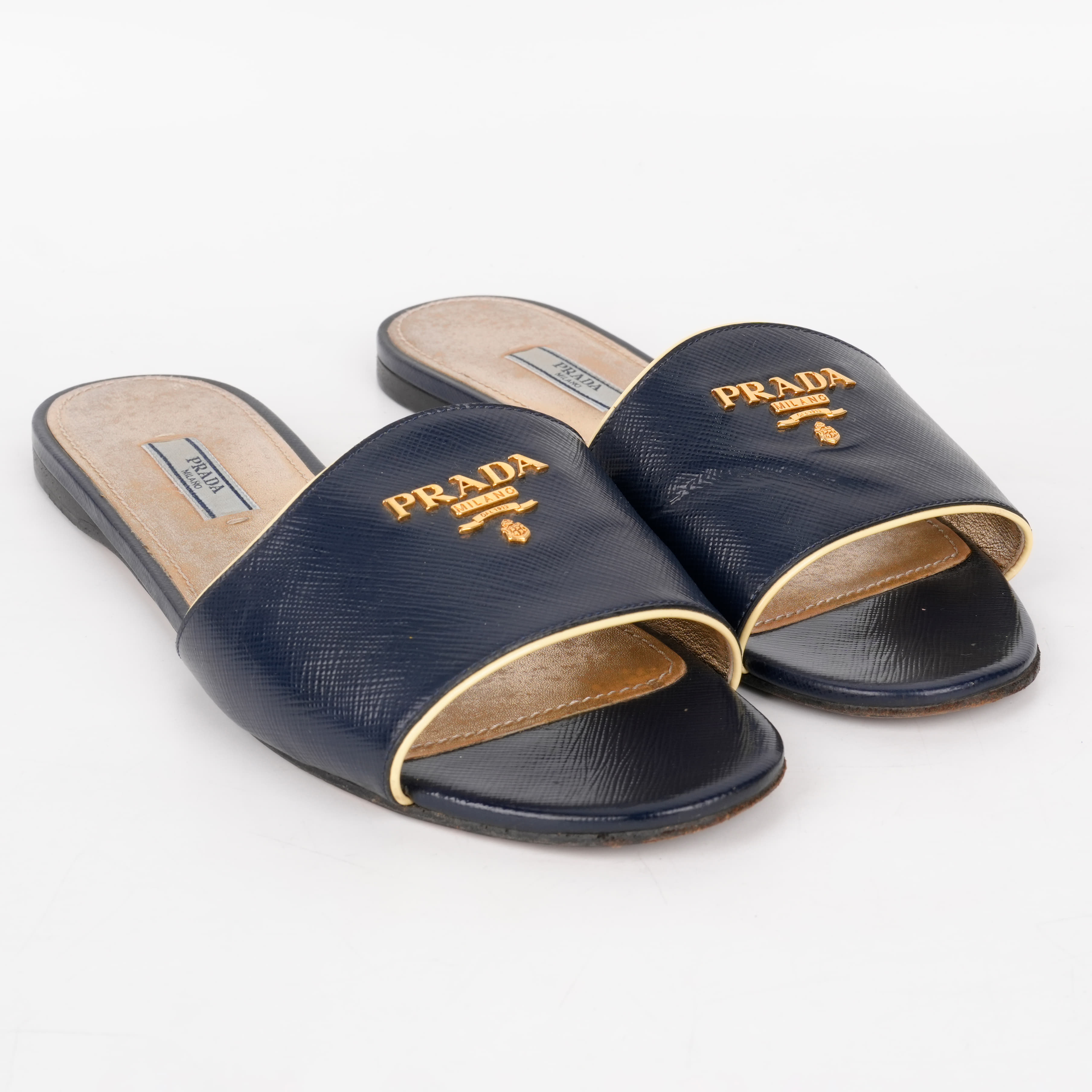 Size 38.5 - Prada Dark Blue Logo Slides