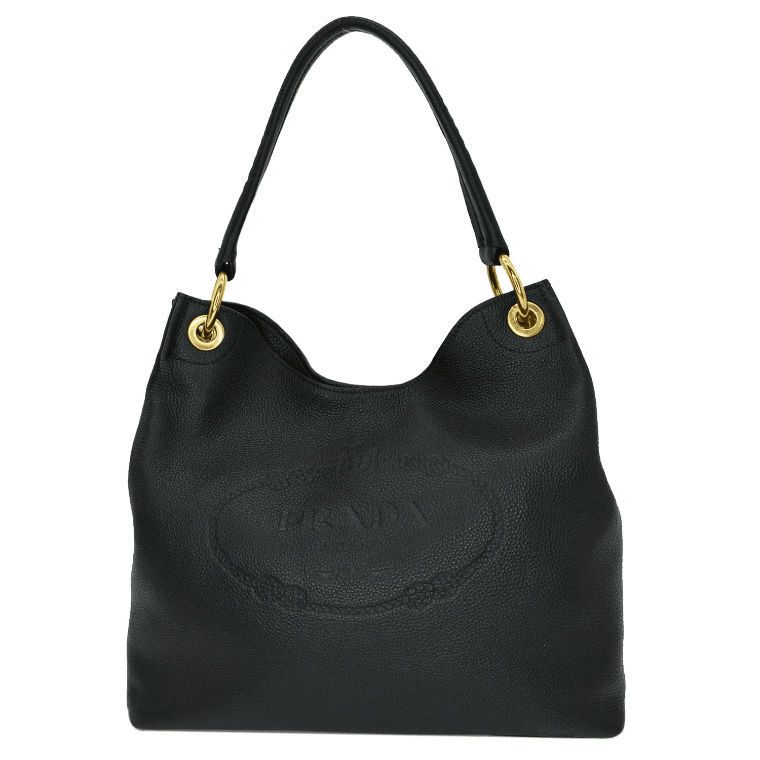 Prada Black Vitello Phenix Leather Embossed Logo Hobo Bag