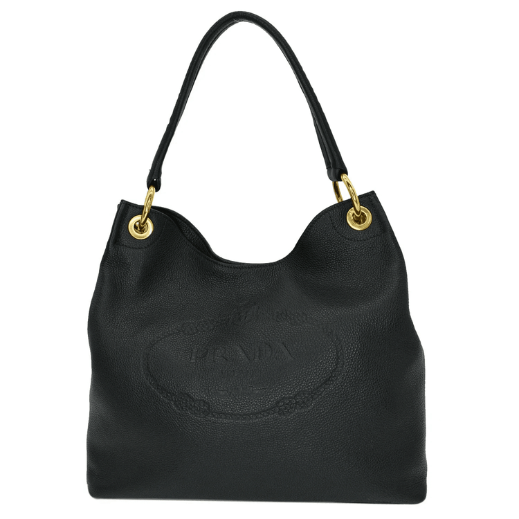 Prada Black Vitello Phenix Leather Embossed Logo Hobo Bag-Hover-Image
