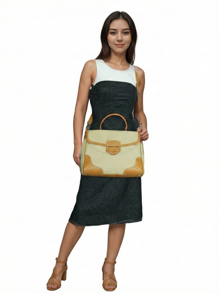 Prada Beige/Tan Canvas and Cinghiale Leather Top Handle Bag-Hover-Image