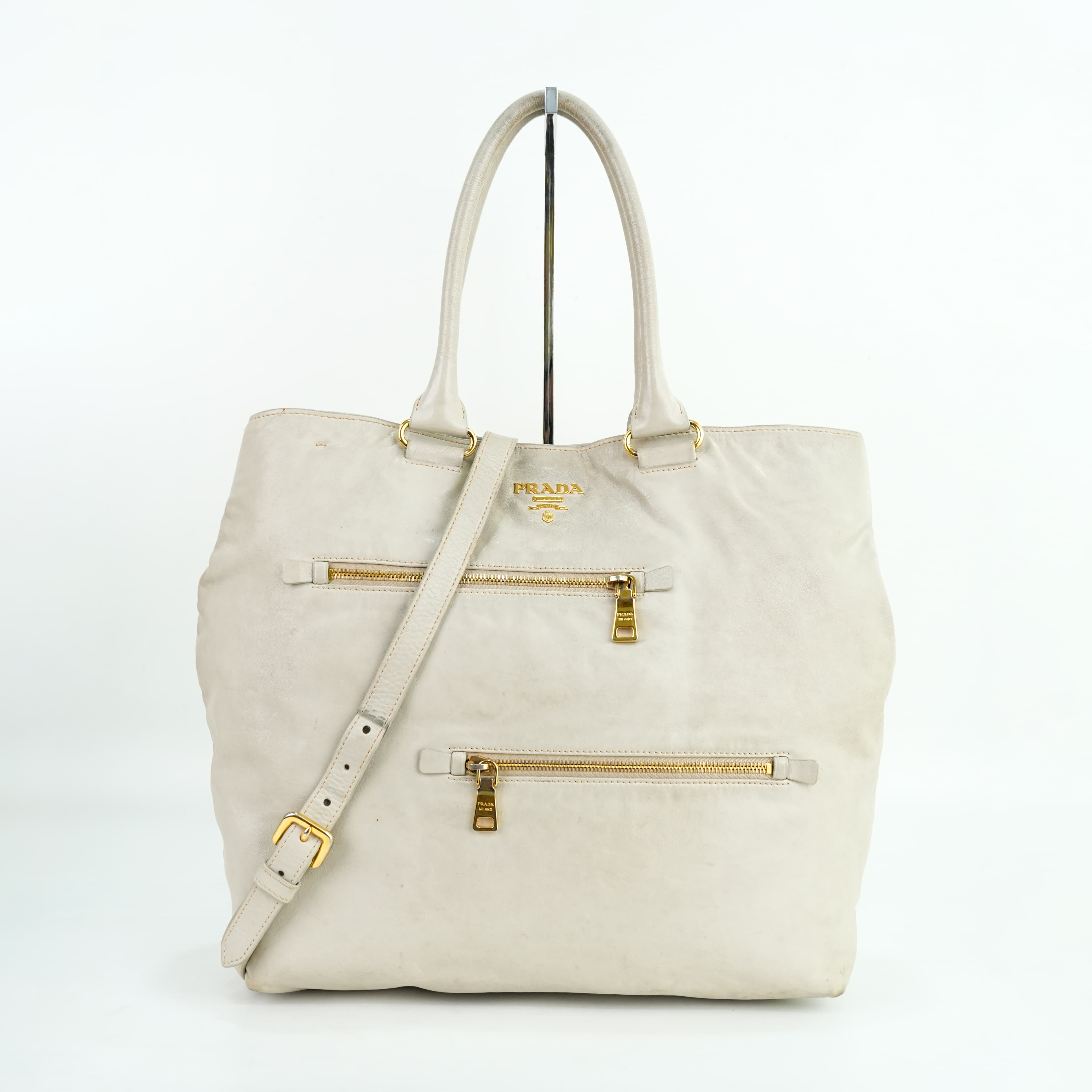 Prada Soft Calf Leather Zipper Detail Tote Bag