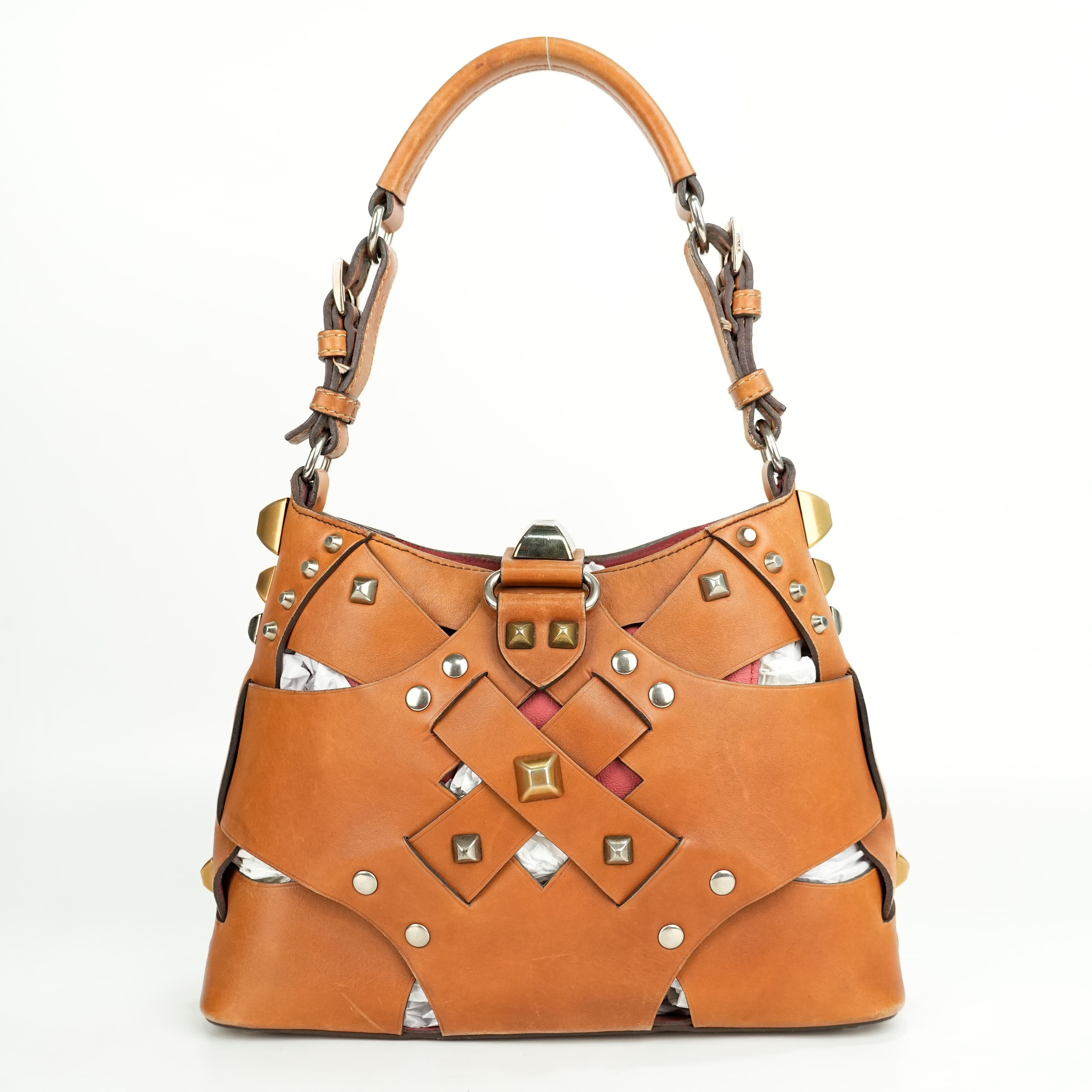 Prada Brown Woven Leather Studded Lattice