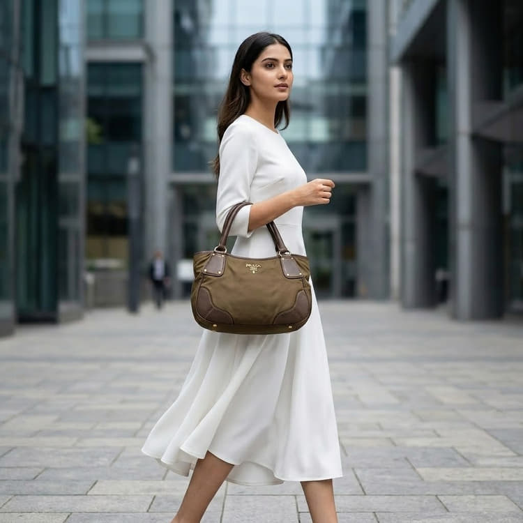Prada Dark Brown Nylon and Leather Tote Bag-Hover-Image