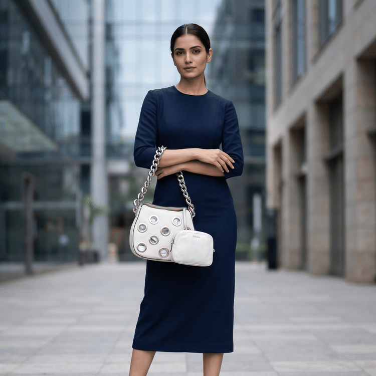 Prada Vitello Daino Grommet Shoulder Bag in white leather-Hover-Image