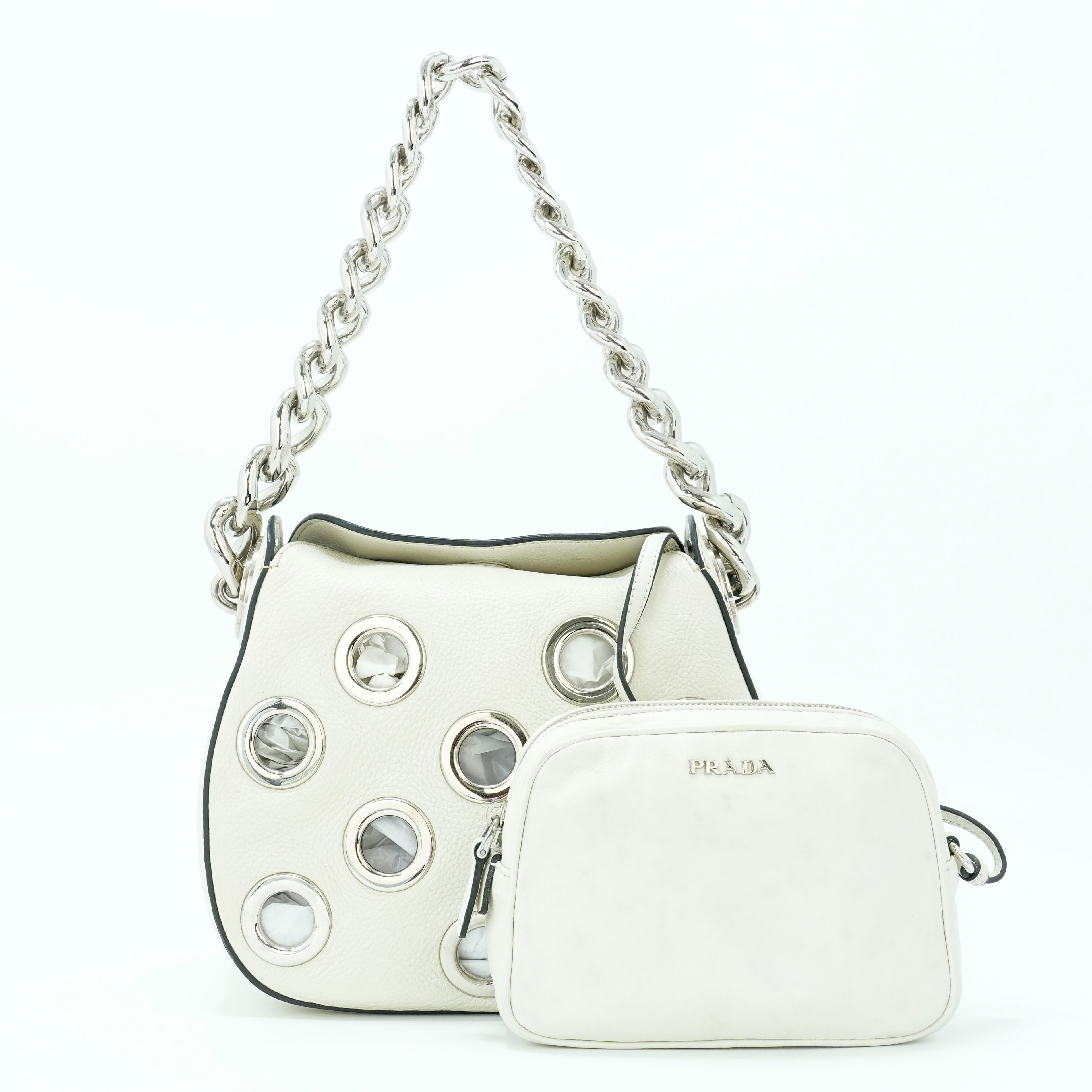 Prada Vitello Daino Grommet Shoulder Bag in white leather