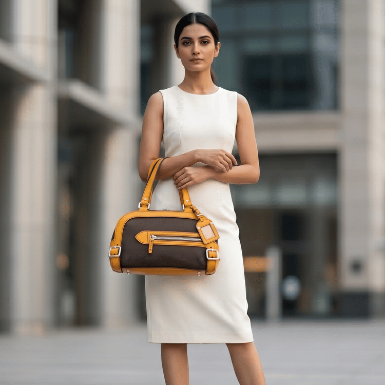 Prada Vintage Bowling Bag Featuring Brown Canvas and Yellow Leather-Hover-Image