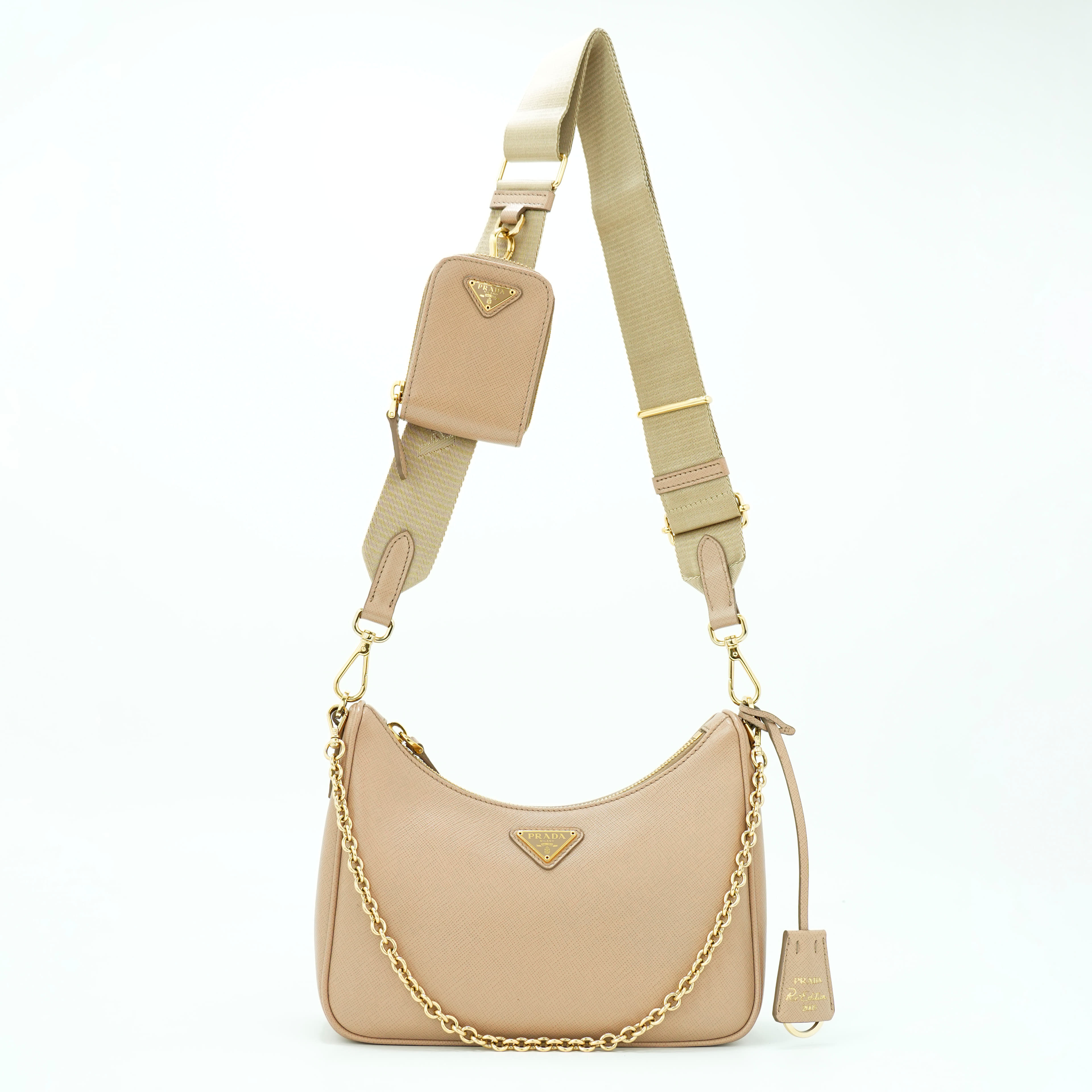 Prada Re-Edition 2005 Saffiano leather shoulder bag in a cameo beige color