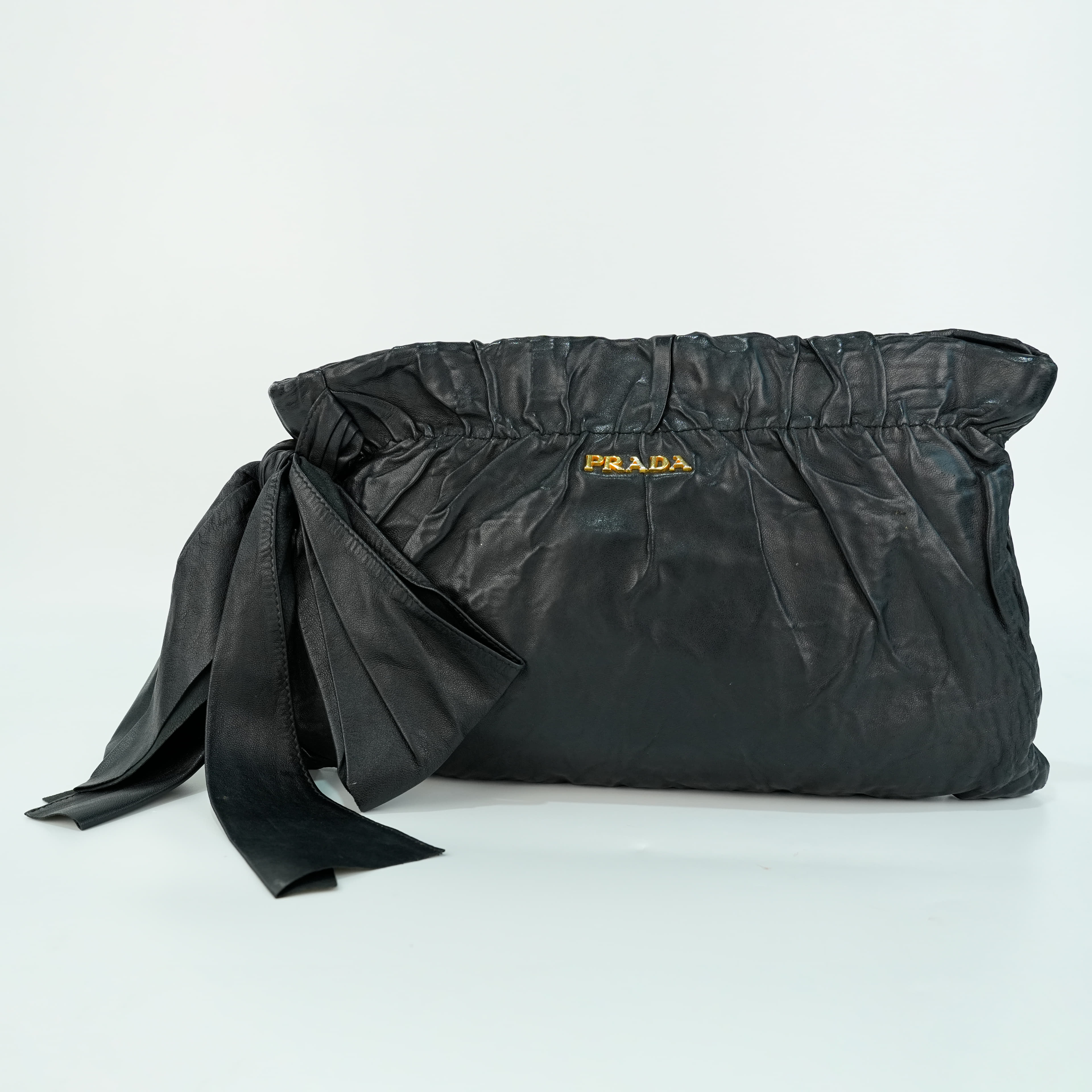 Prada Leather Antique Large Bow Zip Clutch