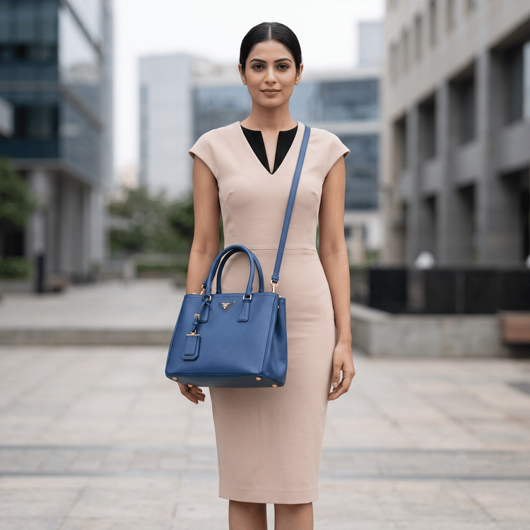 Prada Blue Saffiano Lux Leather Double Handle Tote Bag-Hover-Image
