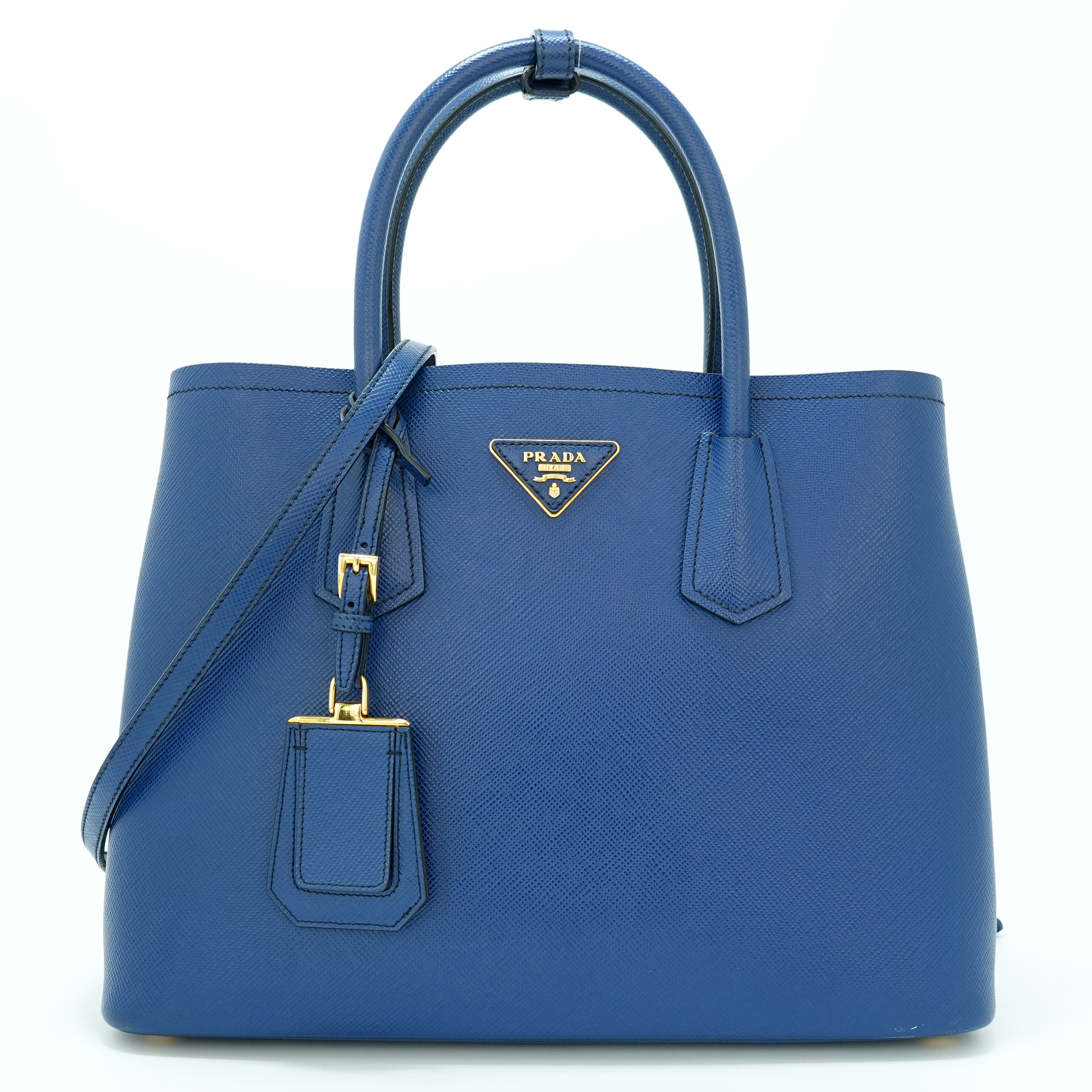 Prada Blue Saffiano Lux Leather Double Handle Tote Bag