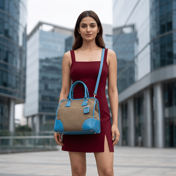 Prada Brown/Blue Canvas and Saffiano Leather Large Convertible Tote-Hover-Image
