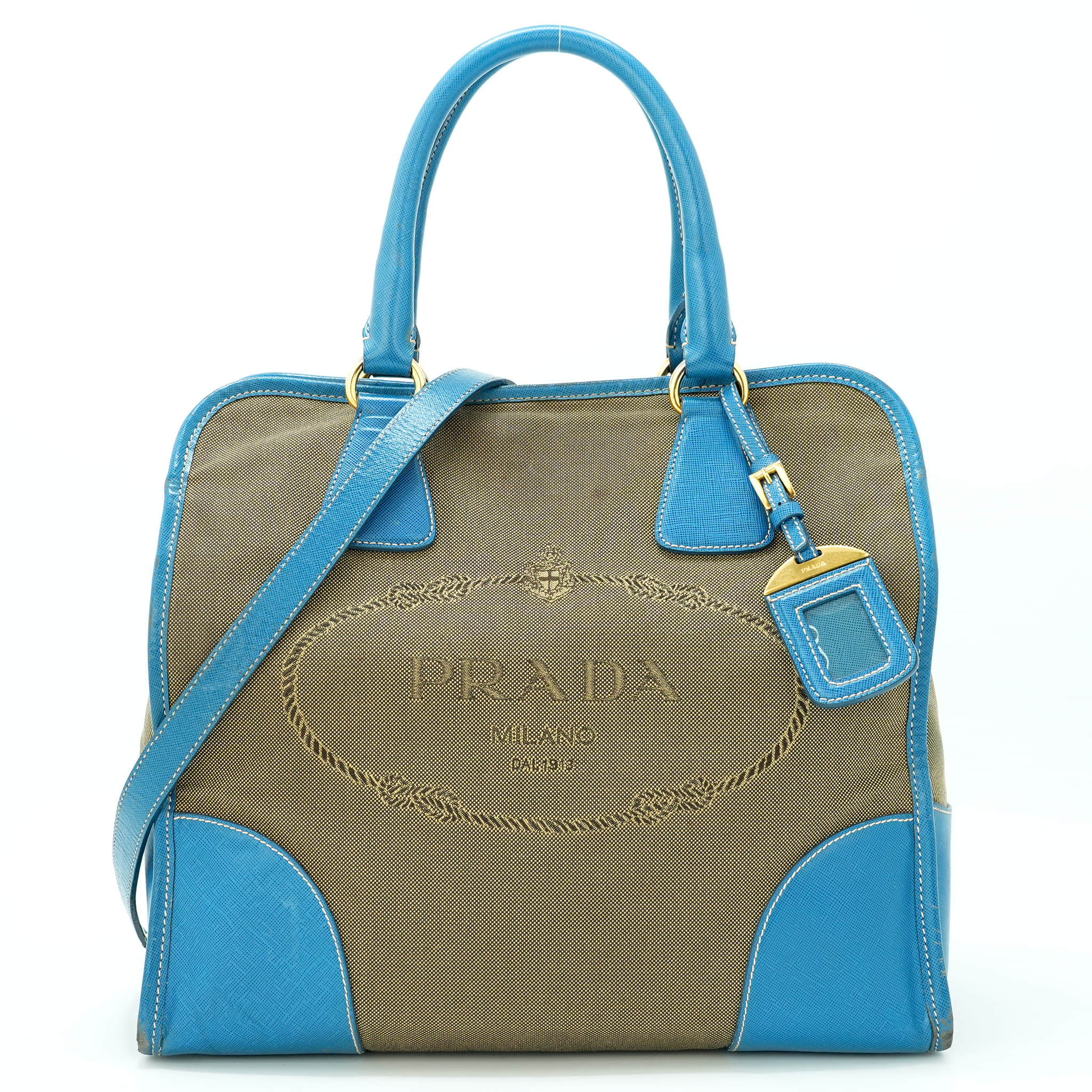 Prada Brown/Blue Canvas and Saffiano Leather Large Convertible Tote