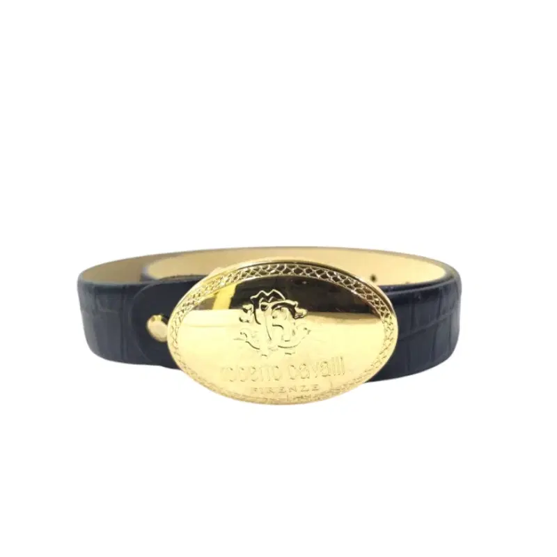 Roberto Cavalli Black Engraved Leather Buckle Belt